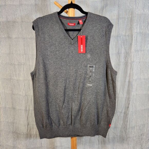 Izod Large $60 Dark Gray 100% Cotton Fine Gauge Essential Sweater Vest - Picture 1 of 10
